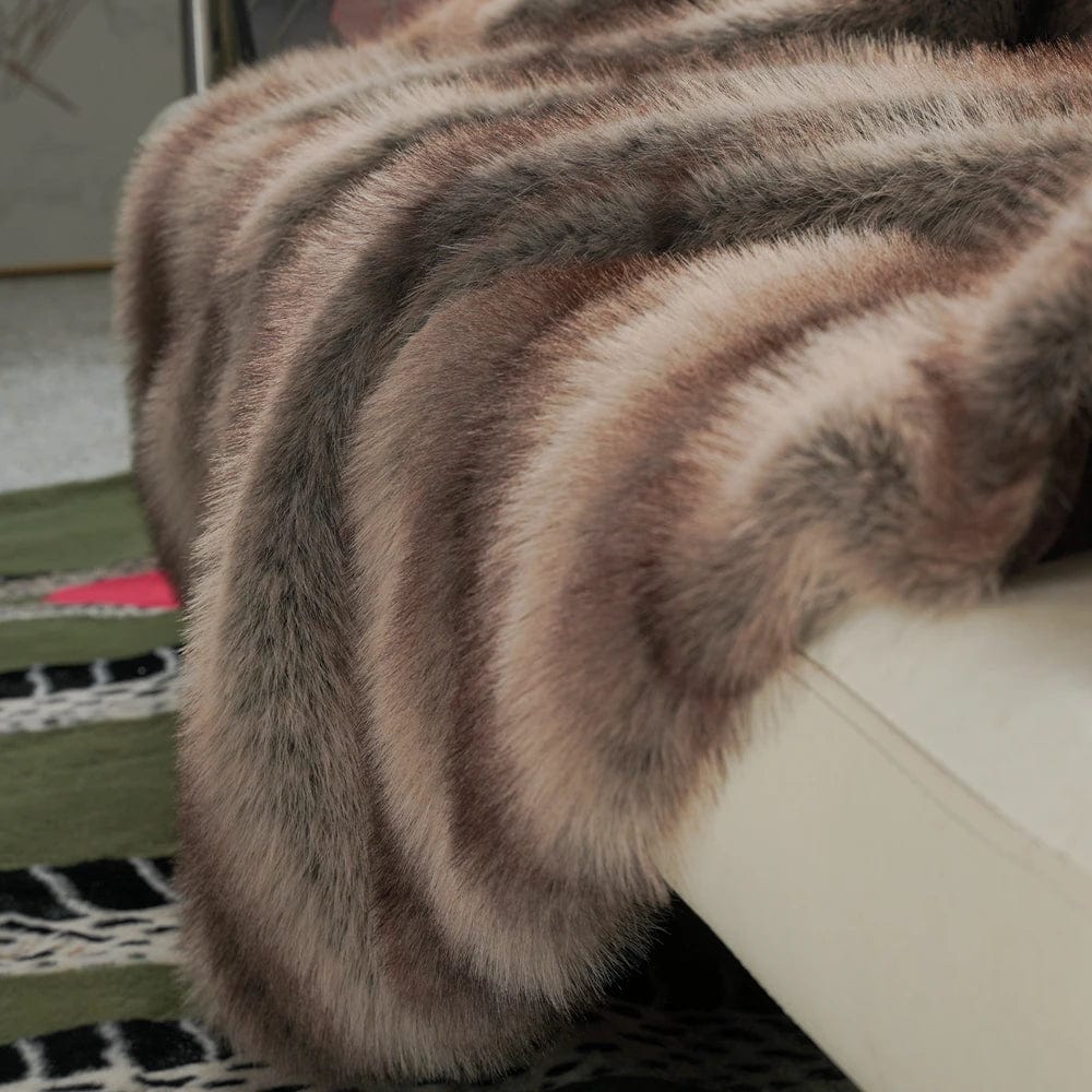 Luxury faux fox fur blanket by SHOWLU FASHION STORE, soft polyester throw on sofa or bed with plush, high-end fur texture.