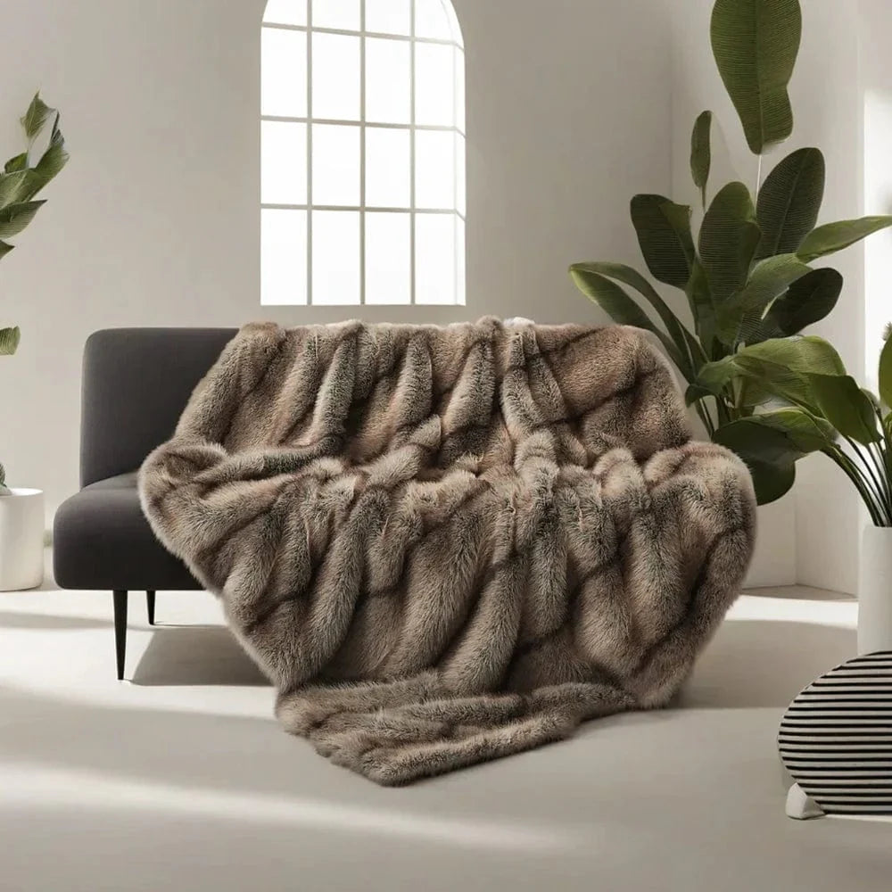 Luxury faux fox fur blanket by SHOWLU FASHION STORE, soft polyester throw on sofa or bed, cozy high-end home decor.
