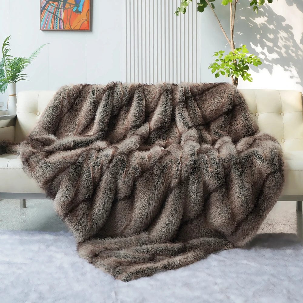 Luxury faux fox fur blanket by SHOWLU FASHION STORE, soft polyester throw for sofa or bed, cozy home decor accessory.
