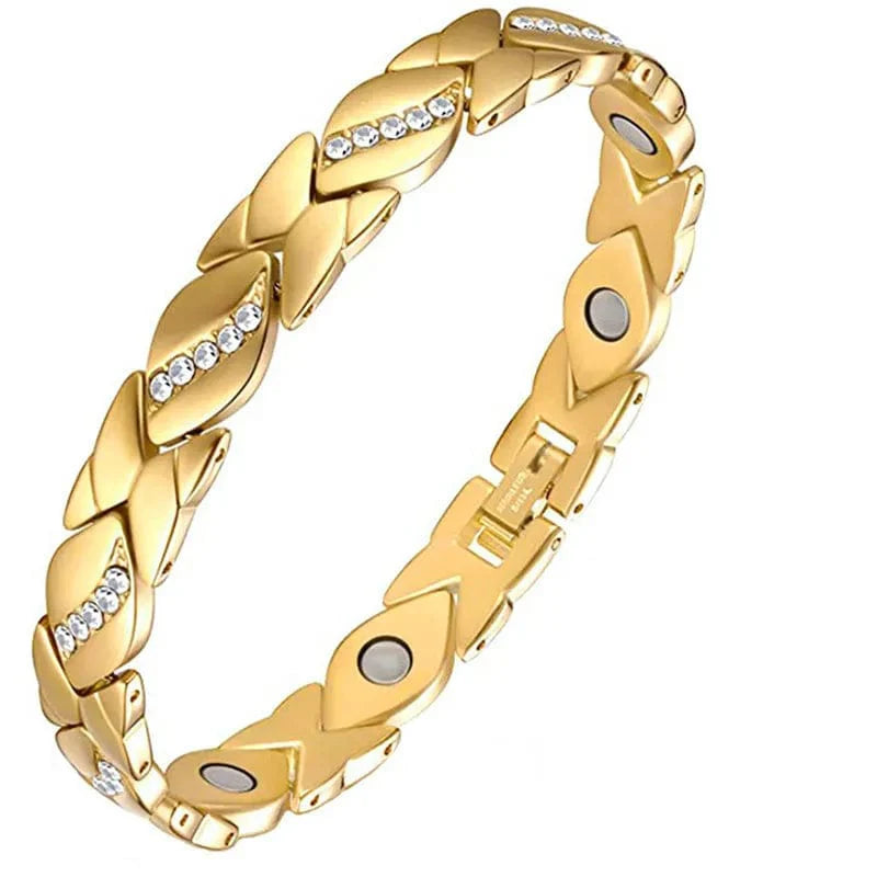 Luxury gold leaf magnetic therapy bracelet for women and men, stylish weight loss bangle with powerful magnets for health and wellness.