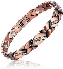 A copper-toned magnetic link bracelet featuring alternating crystal-studded leaf and circular links.