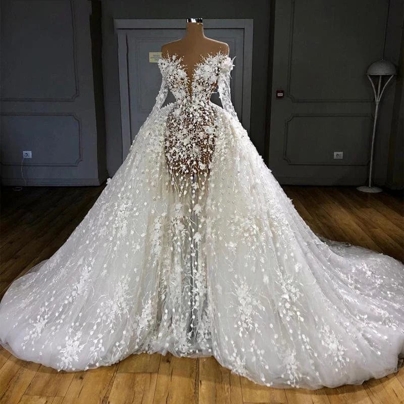Elegant white A-line wedding dress with long sleeves, beaded organza fabric, and a sweeping train, perfect for bridal occasions.