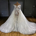 Elegant SILIWEYA A-Line long sleeve wedding dress with beaded organza fabric, featuring a sweeping train and shiny bridal details.
