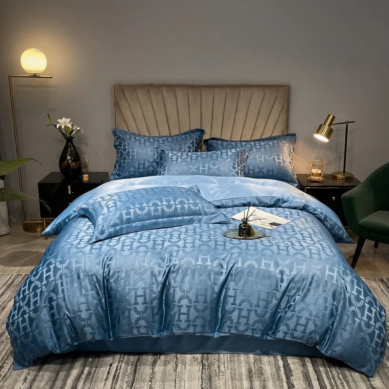 Luxury Evichis Jacquard Bedding Set with white embroidery, includes duvet cover and pillowcases, high-end queen and king size.