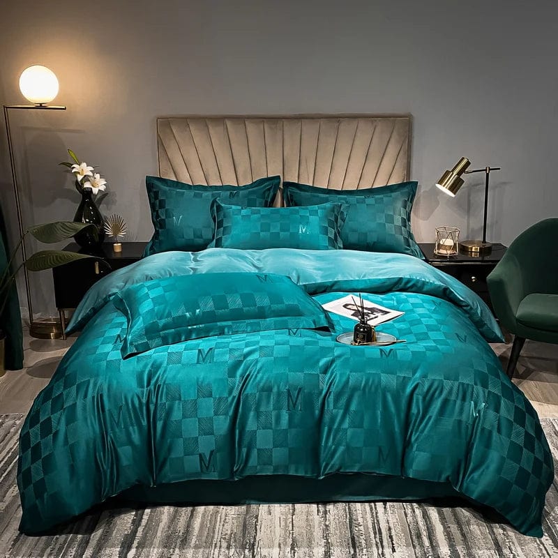 Luxury Jacquard Bedding Set by SHOWLU FASHION STORE featuring white embroidery duvet cover and matching pillowcases for queen or king size bed.