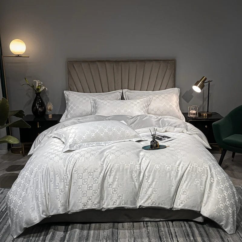 Luxury Jacquard Bedding Set by SHOWLU FASHION STORE featuring white embroidery duvet cover and pillowcases for queen and king sizes.