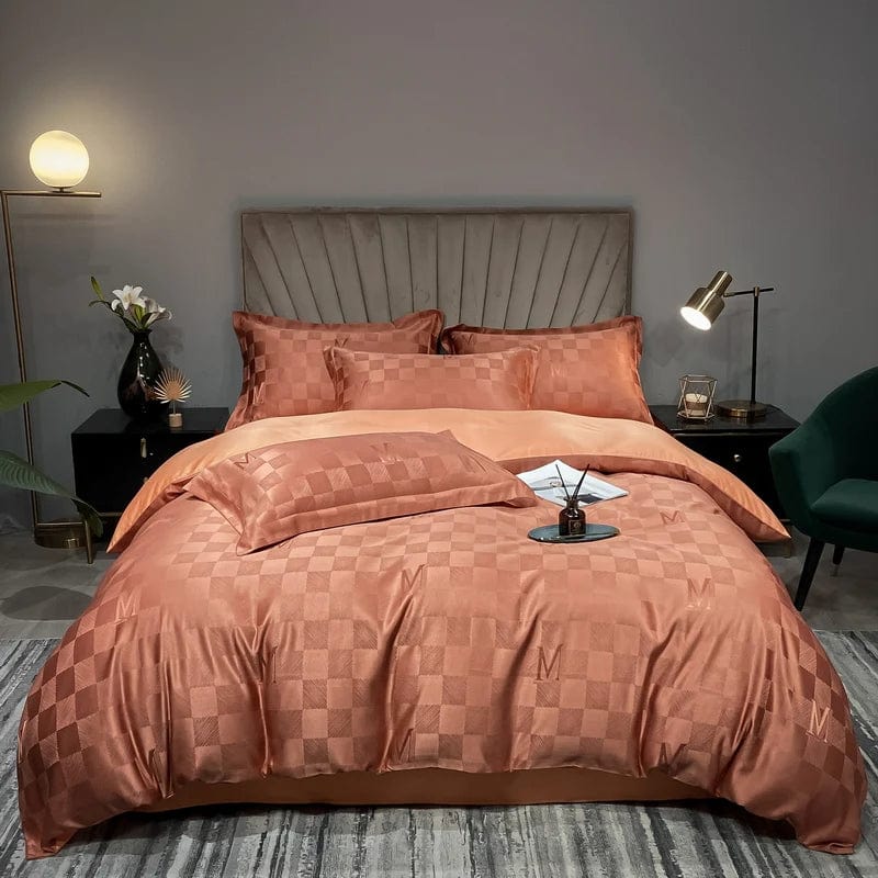Luxury Evichis Jacquard Bedding Set with white embroidery duvet cover and pillowcases, high-end queen and king size bed linens.