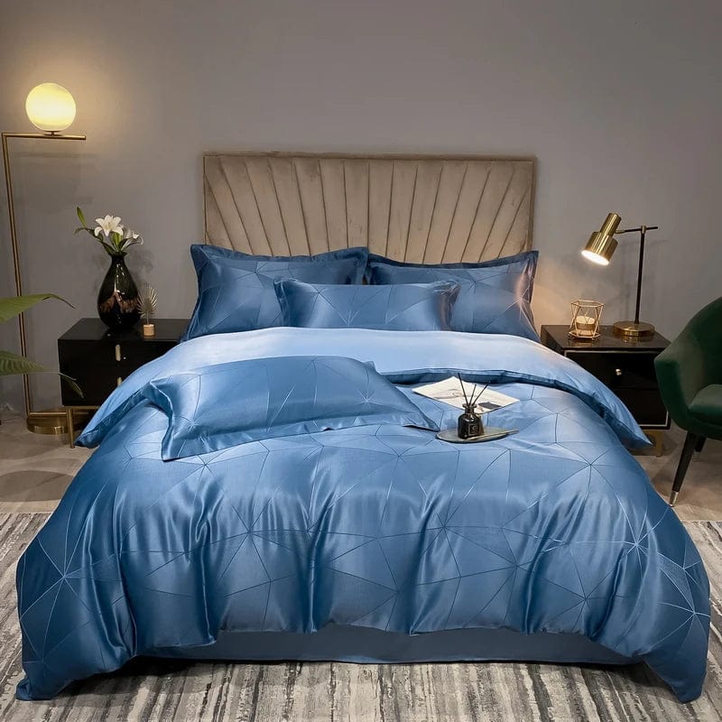 Luxury jacquard bedding set with white embroidery duvet cover and matching pillowcases, high-end queen and king size bed linens.