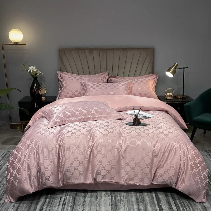 Luxury Jacquard bedding set with white embroidery duvet cover and pillowcases, showcasing elegant high-end design.