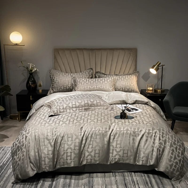 Luxury Evichis Jacquard Bedding Set with white embroidery duvet cover and pillowcases, high-end elegant design for queen or king size bed.
