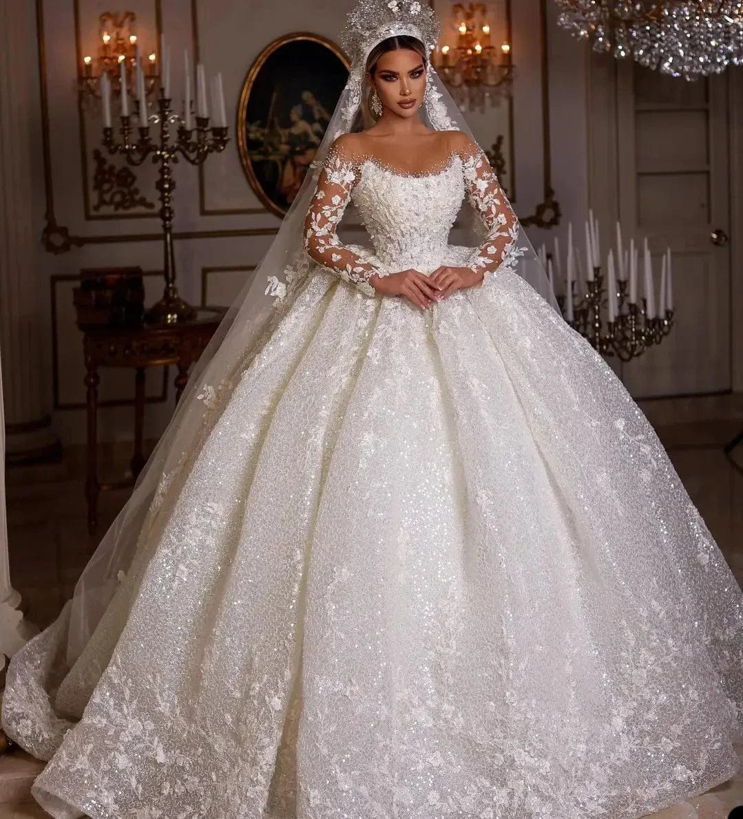 Vinca Sunny Lace Ball Gown wedding dress by Showlu Fashion with long sleeves, tulle fabric, sequins, beads, and sheer neck appliques.
