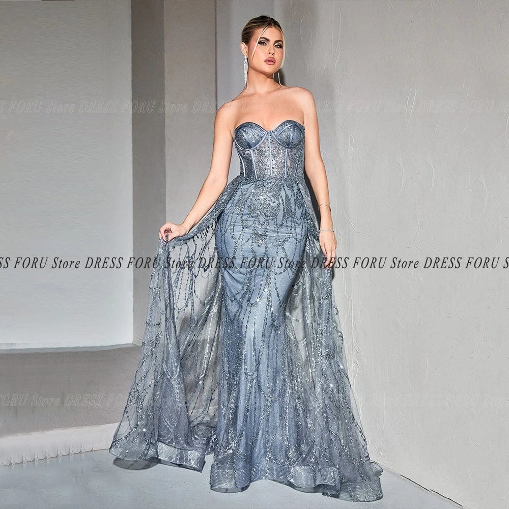 Showlu Fashion lace mermaid evening gown, strapless floor-length prom dress with glitter details, perfect for formal events and parties.