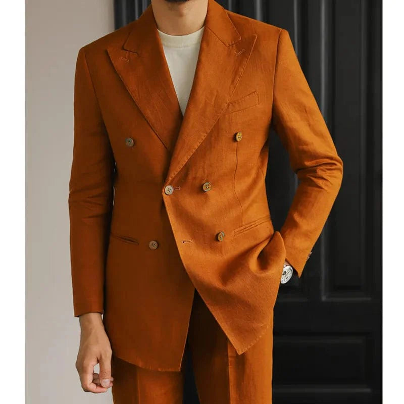 Men's slim fit linen suit by SHOWLU FASHION STORE, double-breasted Italian business suit with lapel collar in green and brown colors.