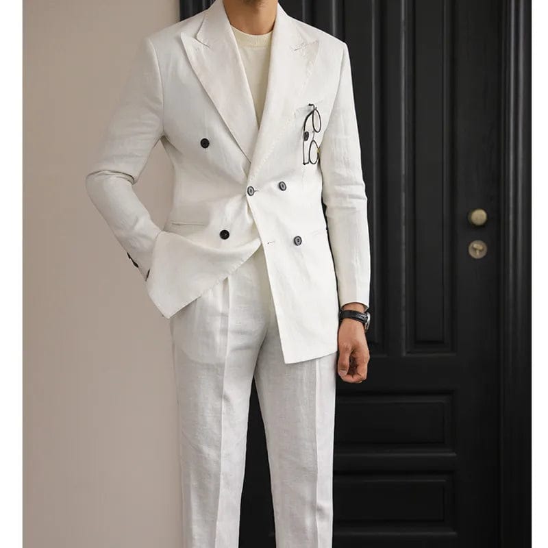 Luxury Linen Double Breasted Italian Suit For Men's Versatile Slim Fit Business Lapel Collar Retro Suit Green Brown 4 Colors - SHOWLU FASHION STORE