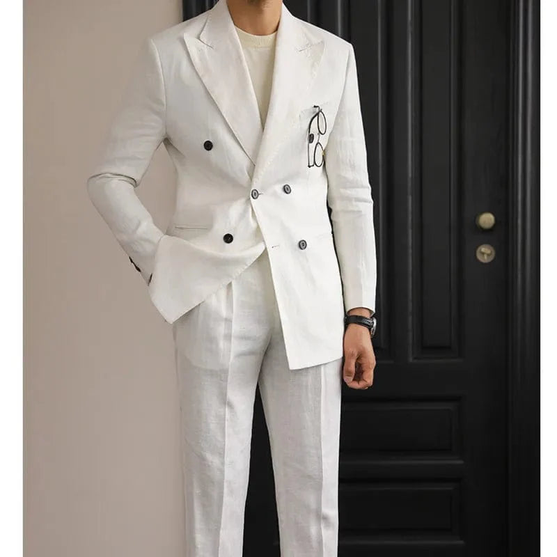 Men's slim fit linen suit by SHOWLU FASHION, double-breasted Italian business suit with lapel collar in green and brown colors.