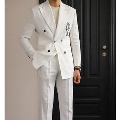 Luxury Linen Double Breasted Italian Suit For Men's Versatile Slim Fit Business Lapel Collar Retro Suit Green Brown 4 Colors - SHOWLU FASHION STORE