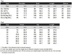 A size chart table for a men's linen suit showing measurements for tops and pants in cm and inches.