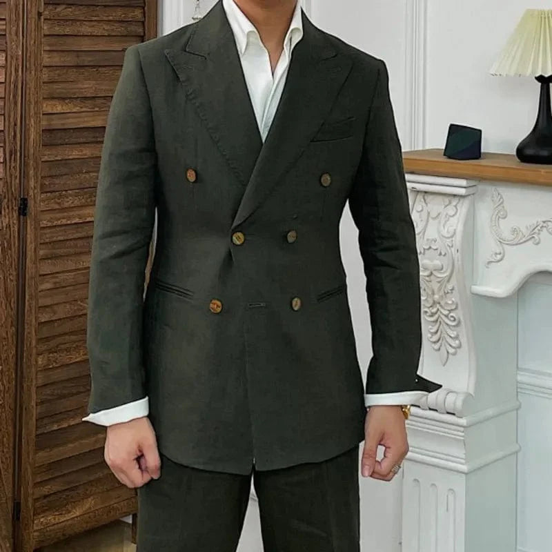 Men's slim fit linen suit by SHOWLU FASHION STORE, double-breasted Italian business suit with lapel collar in green and brown colors.
