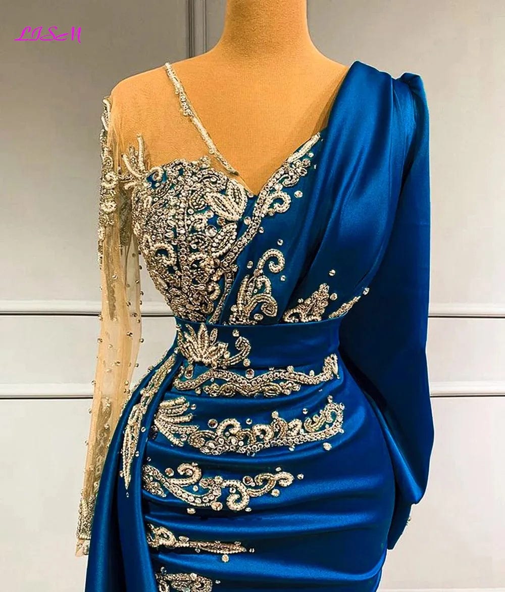 Luxury LISM Mermaid evening gown with long satin sleeves, sparkling crystals, sheer neckline, elegant fit, perfect for formal events.