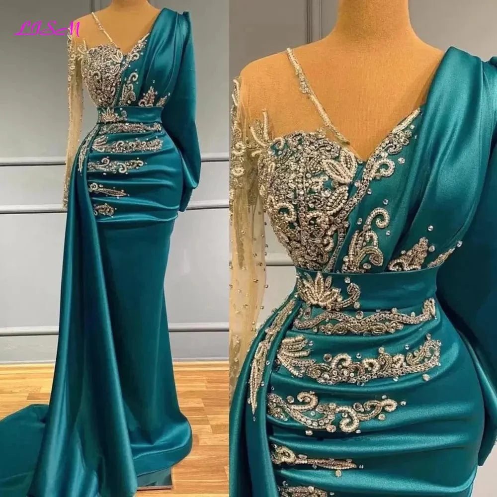 Elegant LISM Mermaid evening gown by SHOWLU FASHION, featuring long satin sleeves, sparkling crystals, and a sheer neckline.
