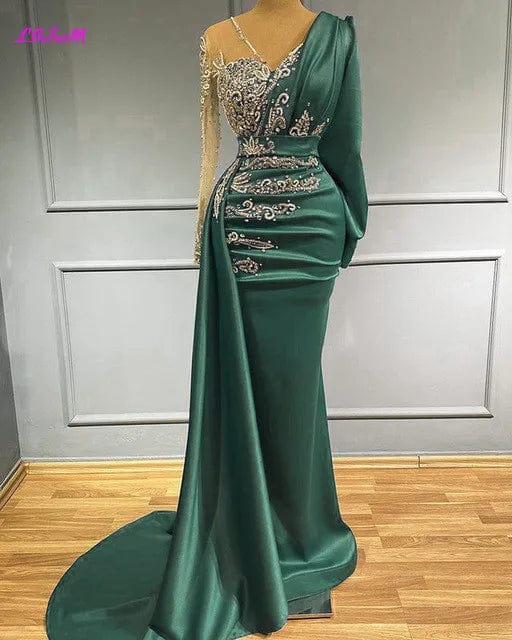 LISM Mermaid evening gown by SHOWLU FASHION STORE featuring long satin fabric with crystal embellishments and sheer neckline.