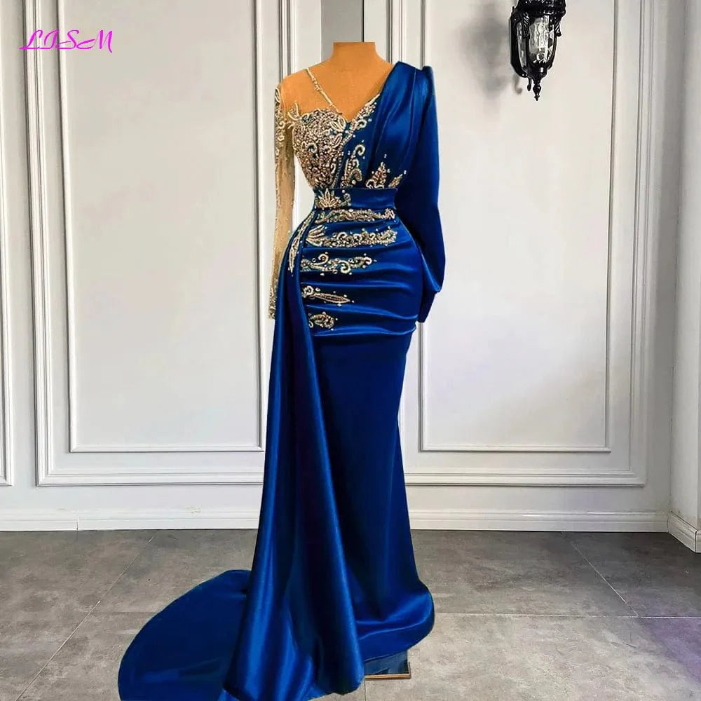 LISM Mermaid evening gown by SHOWLU FASHION STORE featuring long satin sleeves, sparkling crystals, and a sheer neckline.