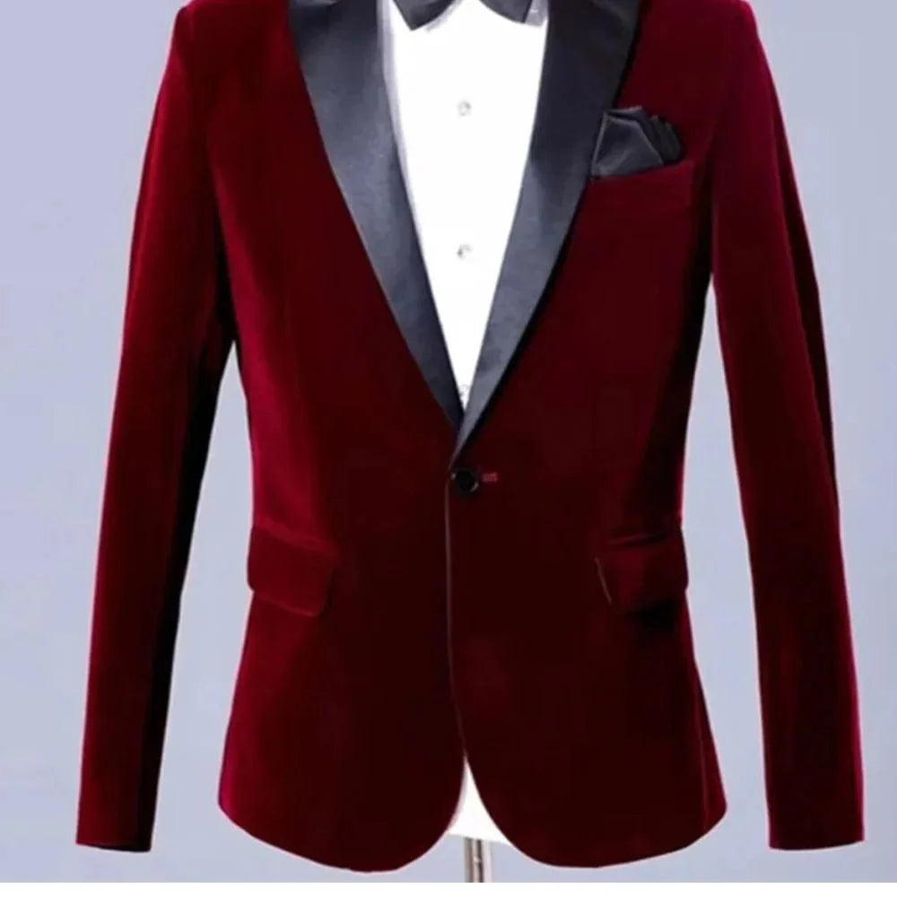 SHOWLU Men's slim fit velvet blazer with peak lapel, single breasted, black wedding jacket, high-quality formal suit, regular length.