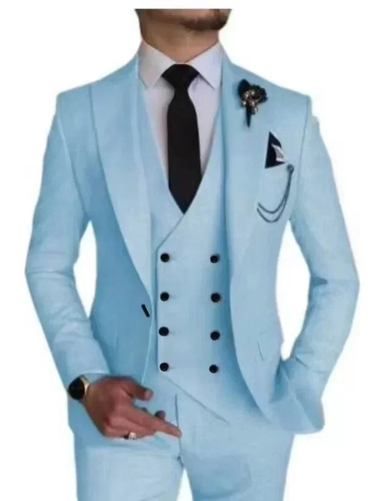 SHOWLU Men's 3-Piece Peak Lapel Business Suit with vest, pants, and blazer, ideal for weddings and formal events.