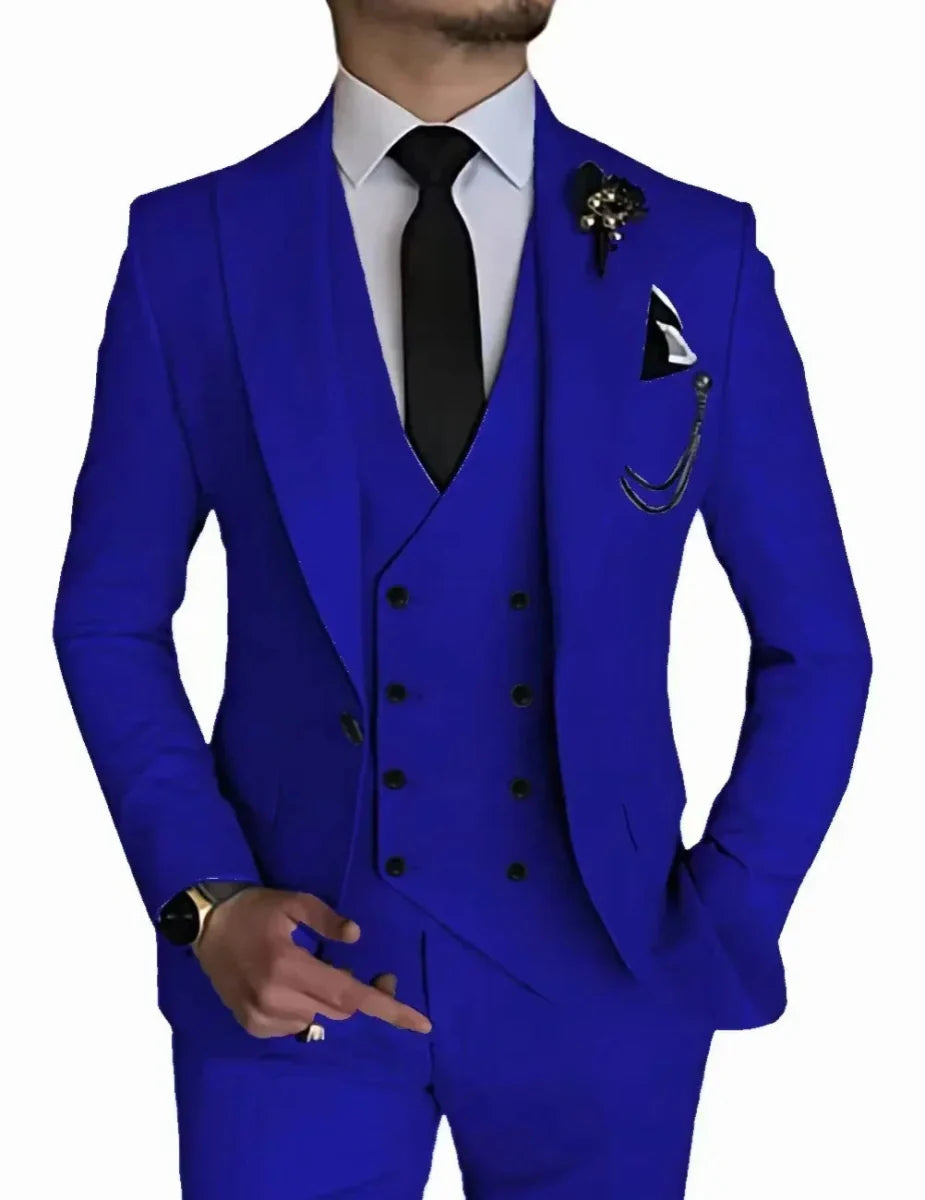 SHOWLU Men's 3-Piece Peak Lapel Business Suit with blazer, vest, and pants, ideal for weddings and formal occasions.