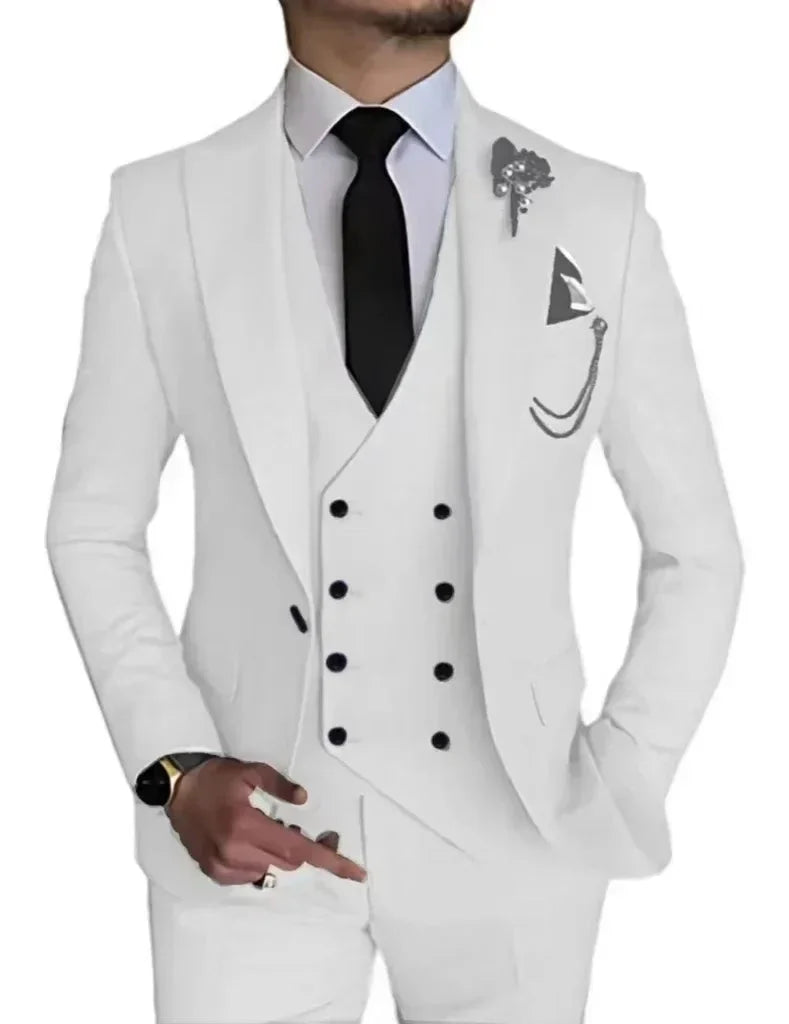 SHOWLU Men's 3-Piece Peak Lapel Business Suit with blazer, vest, and pants, ideal for weddings and formal occasions.