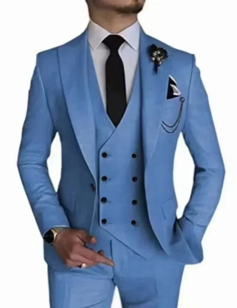 SHOWLU Men's 3-Piece Peak Lapel Business Suit with blazer, vest, and pants, ideal for weddings and formal occasions.