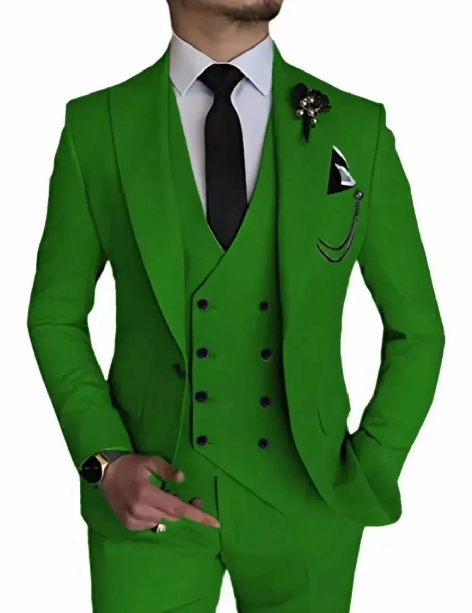 SHOWLU men's 3-piece peak lapel business suit with blazer, vest, and pants, perfect for weddings and formal events.