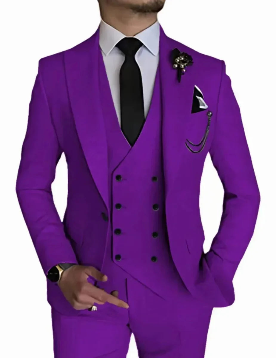 SHOWLU Men's 3-Piece Peak Lapel Business Suit with blazer, vest, and pants, ideal for weddings and formal occasions.