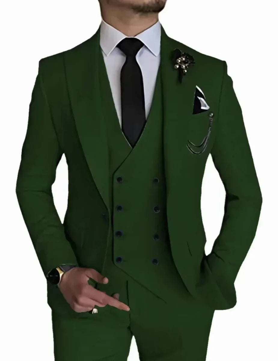 SHOWLU Men's 3-Piece Peak Lapel Business Suit with blazer, vest, and pants, ideal for weddings and formal occasions.