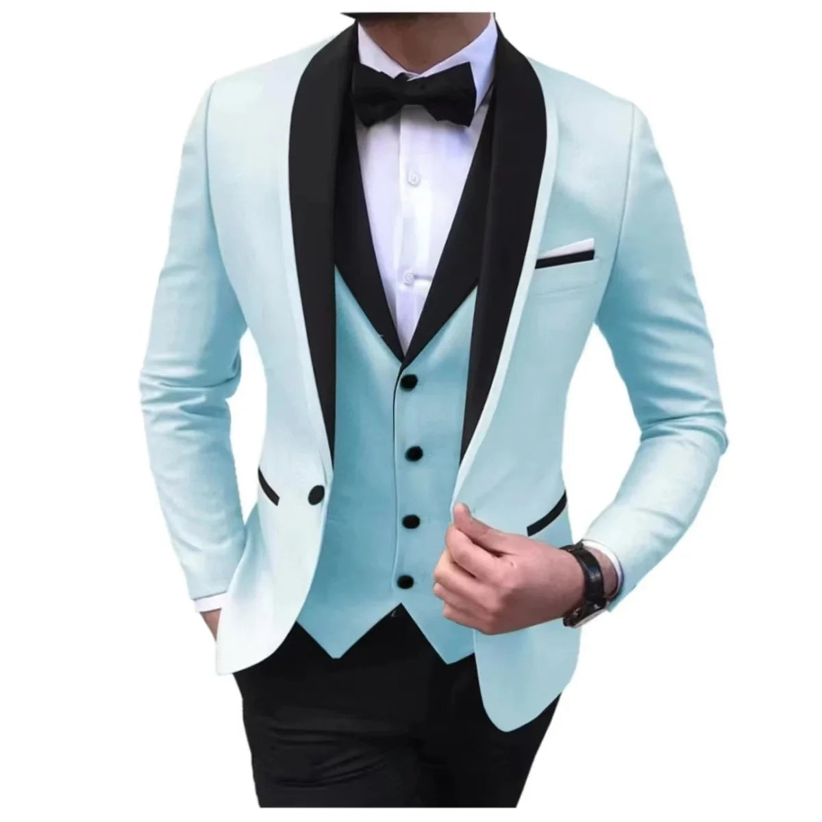 Showlu Fashion men's slim fit 3-piece suit with single-breasted polyester jacket, pants, and vest for formal events and weddings.