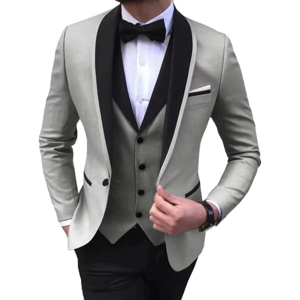 Showlu Fashion men's slim fit 3-piece polyester suit, single-breasted with button coat, ideal for weddings, parties, and formal events.