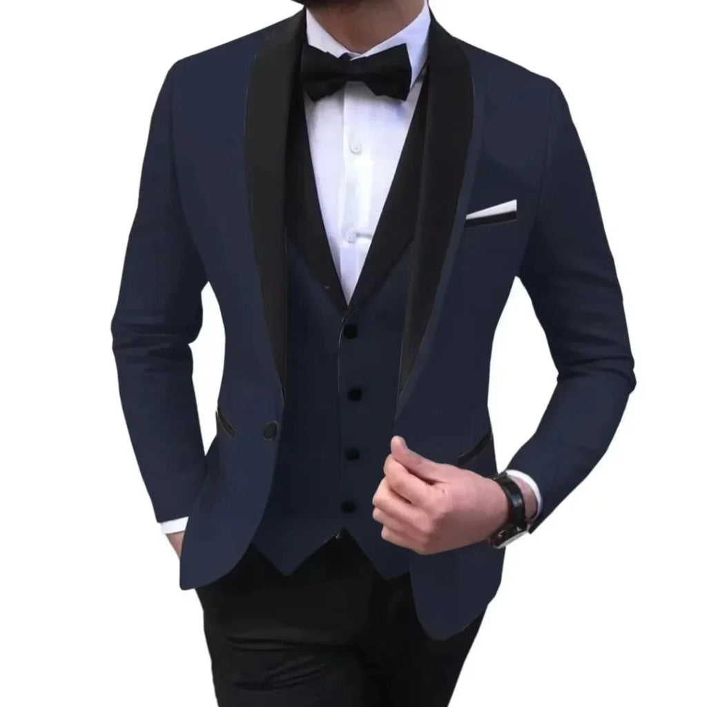 Men's slim fit 3-piece suit by Showlu Fashion, featuring a single-breasted polyester coat, ideal for weddings, parties, and formal events.