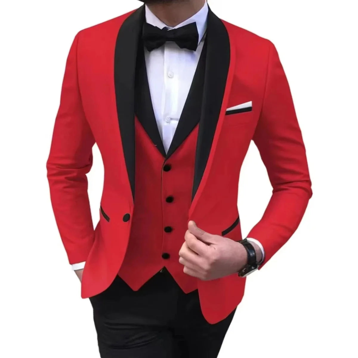 Showlu Fashion men's slim fit 3-piece suit with single-breasted polyester coat, ideal for weddings, parties, and formal events.