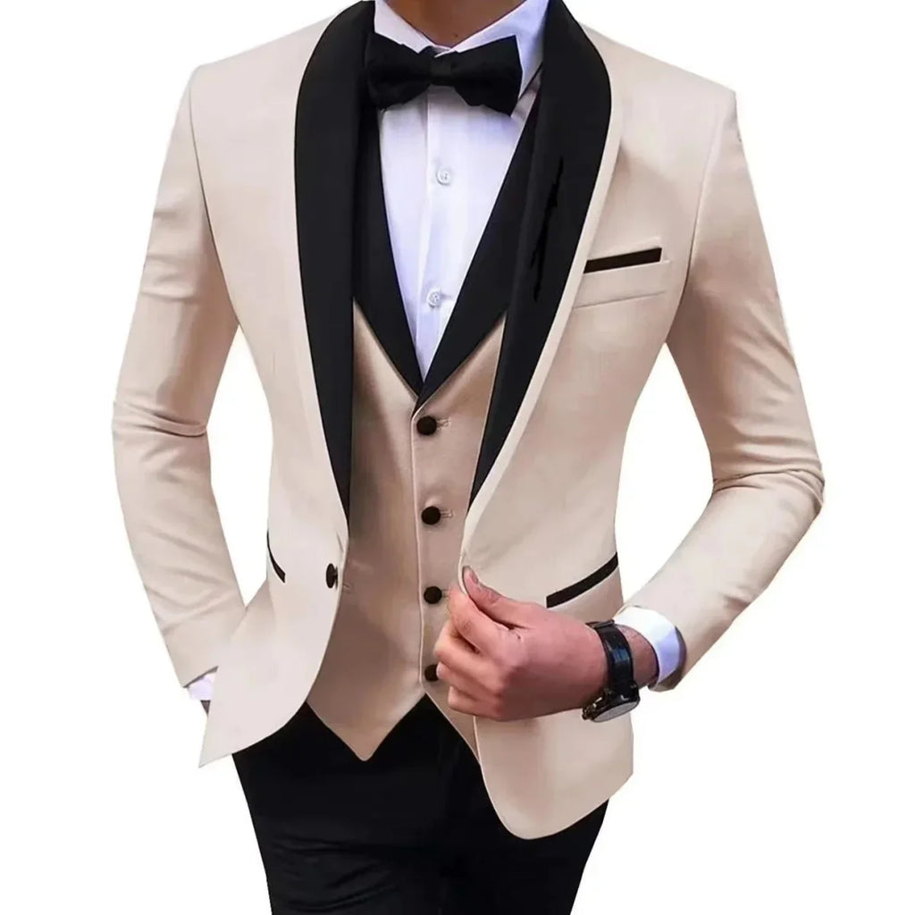 Showlu Fashion men's slim fit 3-piece polyester suit with single-breasted coat, ideal for weddings, parties, and formal occasions.