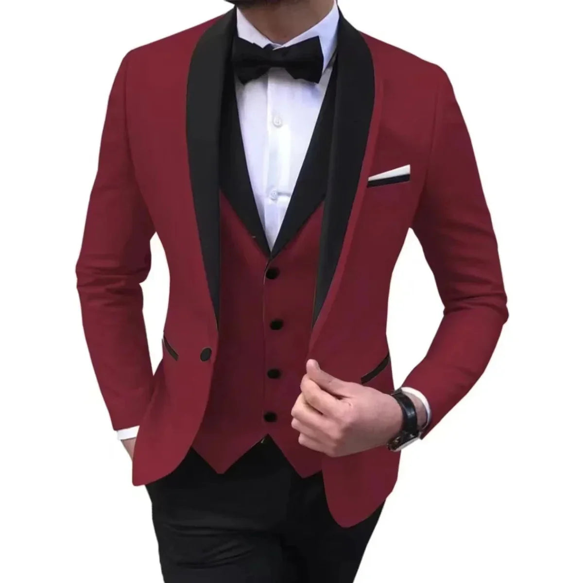 Showlu Fashion men's slim fit 3-piece suit with single-breasted polyester jacket, vest, and trousers for formal occasions and weddings.