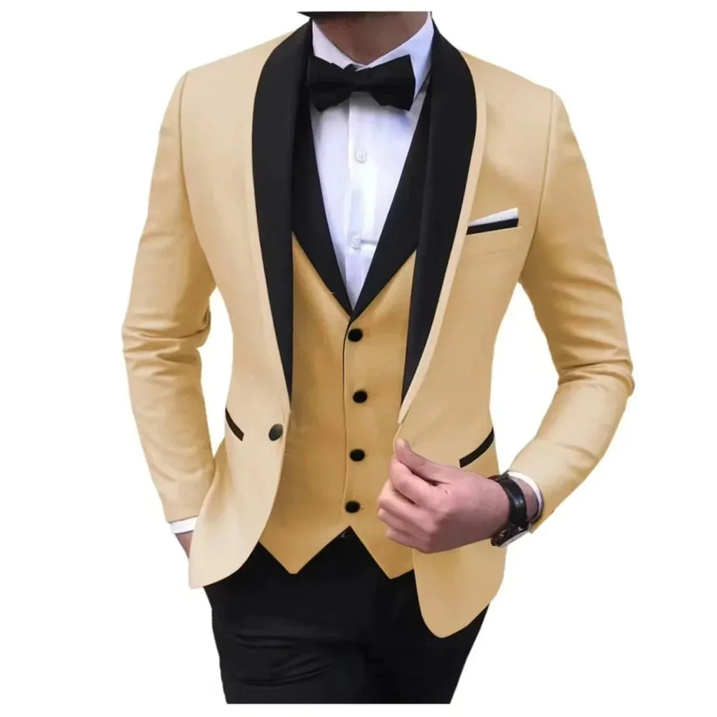 Showlu Fashion men's slim fit 3-piece suit set, featuring a single-breasted polyester suit for weddings, parties, and formal events.