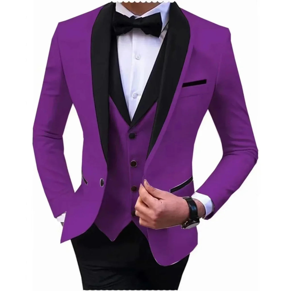 Men's slim fit 3-piece suit by Showlu Fashion with single-breasted polyester coat, ideal for weddings, parties, and formal events.