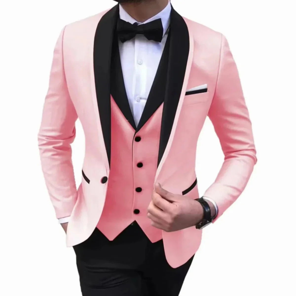 Showlu Fashion men's slim fit 3-piece suit with single-breasted polyester jacket, vest, and trousers for formal occasions and weddings.