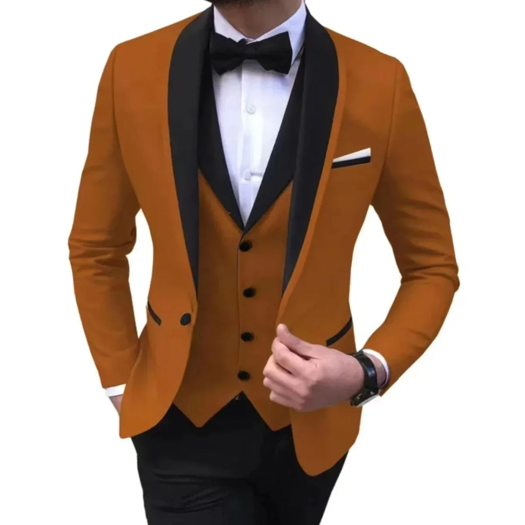Men's slim fit 3-piece polyester suit by Showlu Fashion, including single-breasted coat, perfect for weddings and formal events.