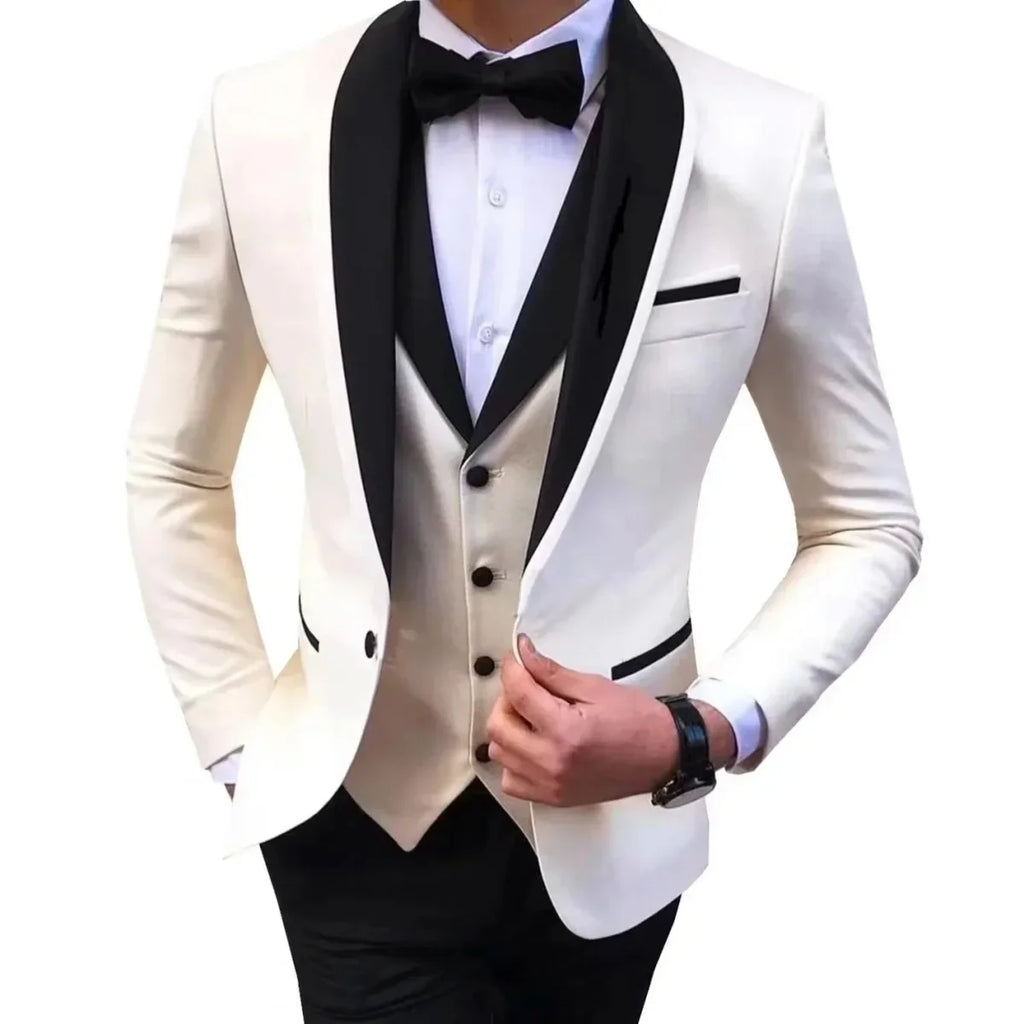 Showlu Fashion men's slim fit 3-piece suit with single-breasted polyester coat, ideal for weddings, parties, and formal events.