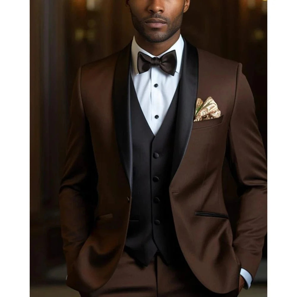 Elegant men's 3-piece slim fit business suit with blazer, vest, and pants in dark fabric, perfect for formal occasions and business wear.