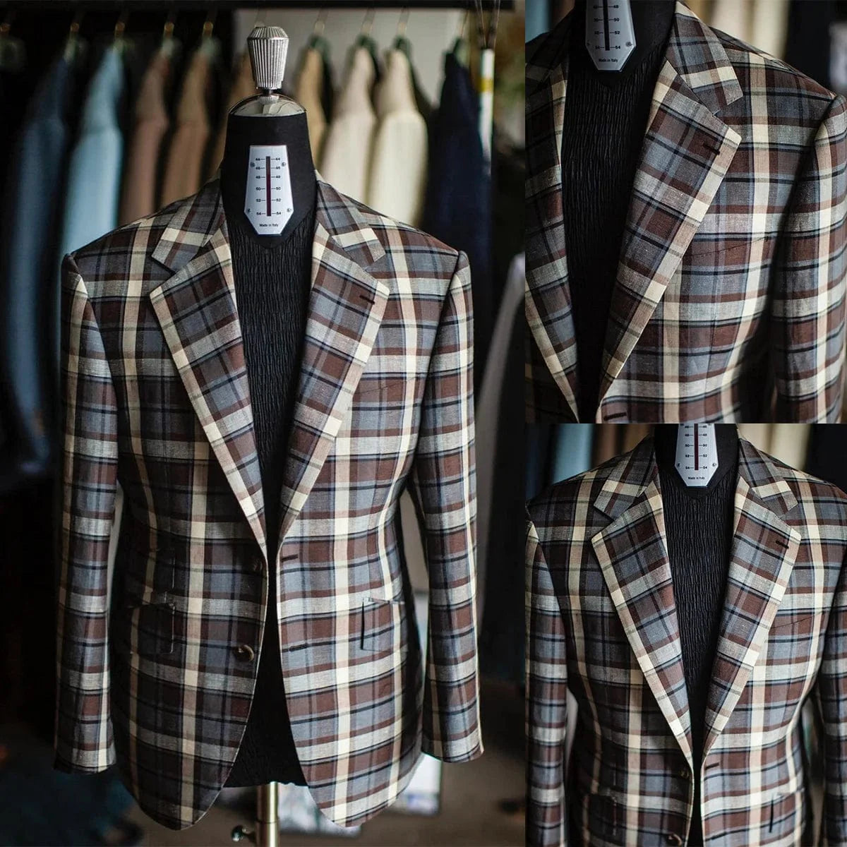 SHOWLU FASHION STORE men's plaid double-breasted wedding blazer with notch lapels, slim fit tuxedo jacket for formal occasions.