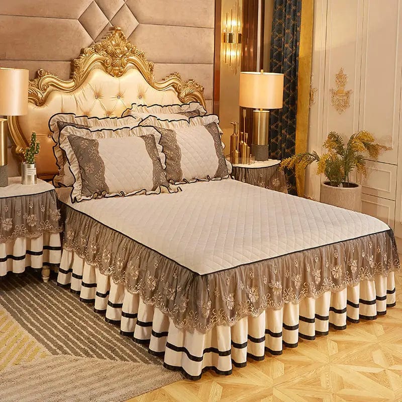 Luxury Dudaxury Crystal Velvet Quilted Bedspread with lace bed skirt set, soft bedding for king and queen size beds.