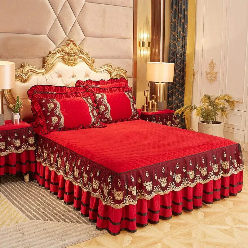 Luxury Dudaxury Crystal Velvet Quilted Bedspread with lace bed skirt set, includes pillowcases, for king and queen size beds.