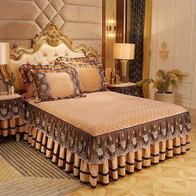 Luxury Dudaxury Crystal Velvet Quilted Bedspread with lace bed skirt set, soft bedding for king and queen size beds.